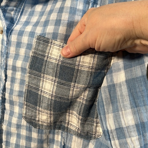 HEM & THREAD Boho Cottage Gauze 2 Pocket Buffalo/Plaid Blue/WHT Fringe Top S/M - Picture 2 of 16